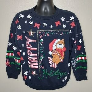 VINTAGE 90s Holiday Time Men's Large Sweatshirt AOP Christmas Crewneck Black USA